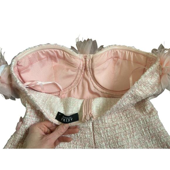 Akira Metallic Stitching Feminine Strapless Pearls Pretty In Pink Tweed Romper M - Picture 10 of 13